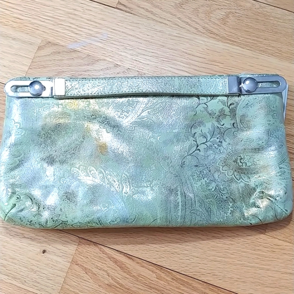 🇨🇦 Leather clutch Vintage Mis MAK, metallic paisley, lime green NWT